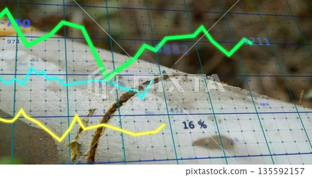 Tree trunk cross-section featuring growth rings and crack in forest, with blue grid and data charts Tree trunk cross-section featuring growth rings and crack in forest, with blue grid and data charts 135592157