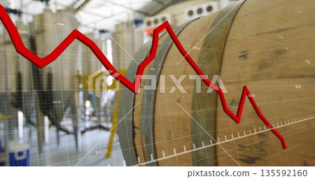 Showing wooden barrel with hoops in cellar with steel tanks, grid overlay, red decline graph labels 135592160