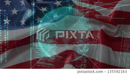 Displaying hologram globe floating in digital backdrop, with American flag code streams and digits 135592163