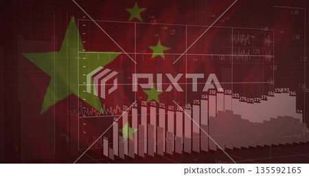 Showing 3D bar chart visualizing data on trading platform, with Chinese flag stars and line graphs 135592165