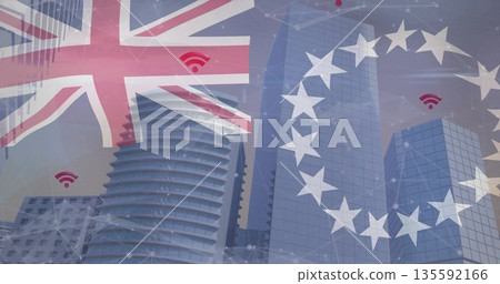 Rising skyscrapers linking via red Wi-Fi and white lines in cityscape, with UK and EU overlays Rising skyscrapers linking via red Wi-Fi and white lines in cityscape, with UK and EU overlays 135592166