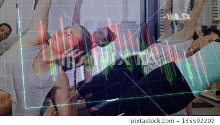 Holding side plank group wearing sportswear training in studio, with yoga mats, candlestick overlay Holding side plank group wearing sportswear training in studio, with yoga mats, candlestick overlay 135592202