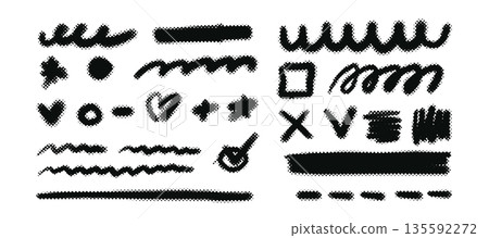 Hand drawn line elements with halftone texture. Brush stroke arrows, pencil sketches, and marker doodles. Perfect for creative designs and handwritten emphasis. Hand drawn line elements with halftone texture. Brush stroke arrows, pencil sketches, and marker doodles. Perfect for creative designs and handwritten emphasis. 135592272