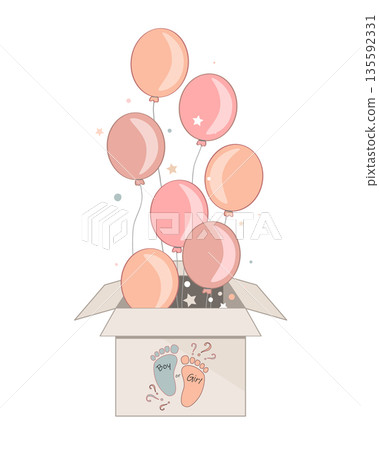 Gender reveal party box with pink balloons. Its a boy. Open surprise gift box isolated illustration. Baby shower concept. Cartoon vector. Gender reveal party box with pink balloons. Its a boy. Open surprise gift box isolated illustration. Baby shower concept. Cartoon vector. 135592331
