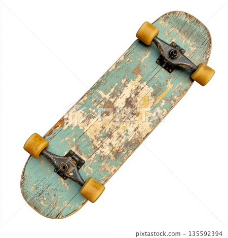 Old and worn skateboard resting on a white surface showcasing its vintage style and faded colors 135592394