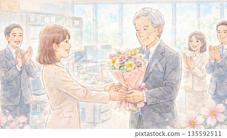 圖：一名男子收到一束鮮花作為退休禮物，他的同事們鼓掌。 135592511