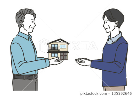 Illustration of an elderly father inheriting a house from his son Illustration of an elderly father inheriting a house from his son 135592646
