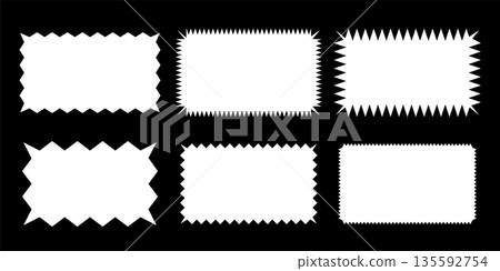 White rectangular shapes with jagged borders. Frames with zigzag, sharp, corrugated and curved edges. Vector illustration set isolated on black for stickers, tags, labels, stamps, badges White rectangular shapes with jagged borders. Frames with zigzag, sharp, corrugated and curved edges. Vector illustration set isolated on black for stickers, tags, labels, stamps, badges 135592754