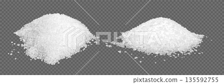 Sea salt piles isolated on transparent background. Heaps of sugar on table. White grain crystals. Natural mineral for cooking, bath, spa. Realistic vector illustration set 135592755