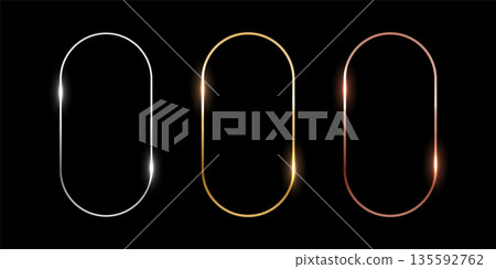 Gold, silver and bronze oval frames. Vertical thin metal ellipse photo or picture frames isolated on black background. Simple object mockup. 3d abstract empty template vector illustration set Gold, silver and bronze oval frames. Vertical thin metal ellipse photo or picture frames isolated on black background. Simple object mockup. 3d abstract empty template vector illustration set 135592762