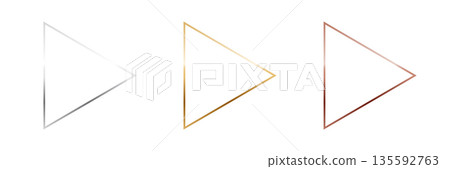 Gold, silver and bronze triangle frames. Metal thin play buttons isolated on transparent background. 3d realistic empty template vector illustration set 135592763