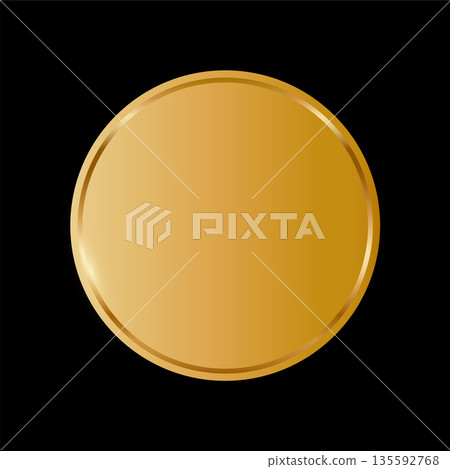 Gold round medal. Golden coin. First place award frame isolated on black background. Winners trophy. Blank shiny badge, label. Realistic vector illustration Gold round medal. Golden coin. First place award frame isolated on black background. Winners trophy. Blank shiny badge, label. Realistic vector illustration 135592768