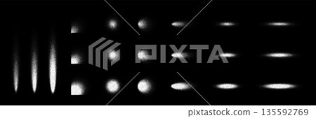Dot grain sprays. Aerosol flow with noise texture, color gradation and shadow effect. Various dotted sprayed flows. Abstract white vector illustration set isolated on black background Dot grain sprays. Aerosol flow with noise texture, color gradation and shadow effect. Various dotted sprayed flows. Abstract white vector illustration set isolated on black background 135592769