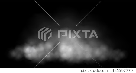White fog or smoke cloud on black background. Realistic smoke effect vector illustration. Smoky mist, toxic vapor, meteorological phenomenon, condensation over land or water surface White fog or smoke cloud on black background. Realistic smoke effect vector illustration. Smoky mist, toxic vapor, meteorological phenomenon, condensation over land or water surface 135592770