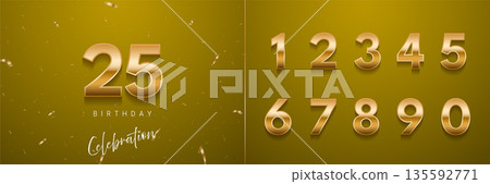 Birthday anniversary golden numbers set template with number 25. Celebration birthday vector background. Gold numbers on yellow backdrop with confetti for party invitation, greeting card, poster Birthday anniversary golden numbers set template with number 25. Celebration birthday vector background. Gold numbers on yellow backdrop with confetti for party invitation, greeting card, poster 135592771