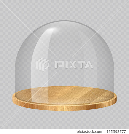 Glass dome with wooden tray. Transparent crystal bell, container, case, cover with round wood plate. Empty product display or showcase. Realistic vector illustration isolated on transparent background Glass dome with wooden tray. Transparent crystal bell, container, case, cover with round wood plate. Empty product display or showcase. Realistic vector illustration isolated on transparent background 135592777
