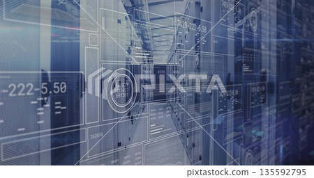 Displaying server racks in data center corridor, with translucent HUD panels and blinking LEDs Displaying server racks in data center corridor, with translucent HUD panels and blinking LEDs 135592795