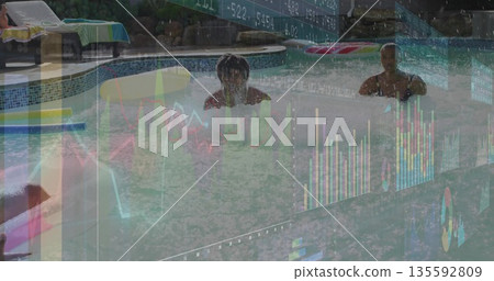 Displaying three friends in swimwear viewing financial charts in pool, with floats, striped towel Displaying three friends in swimwear viewing financial charts in pool, with floats, striped towel 135592809