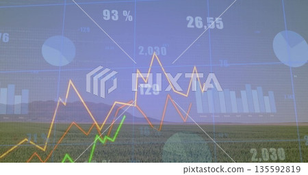 Displaying transparent data dashboard over field and mountains, with colorful graphs and labels Displaying transparent data dashboard over field and mountains, with colorful graphs and labels 135592819