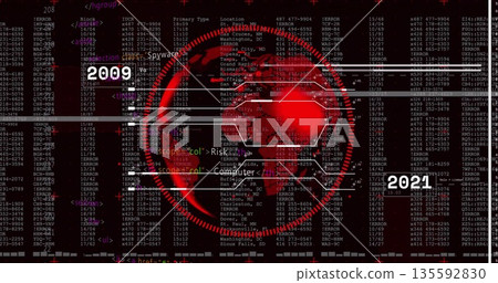 Globe glowing over schematic hex grid in security UI, scrolling code and glitch bars, year labels 135592830