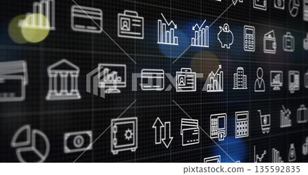 Displaying grid of finance icons on virtual dashboard, with bar chart piggy bank credit card wallet Displaying grid of finance icons on virtual dashboard, with bar chart piggy bank credit card wallet 135592835