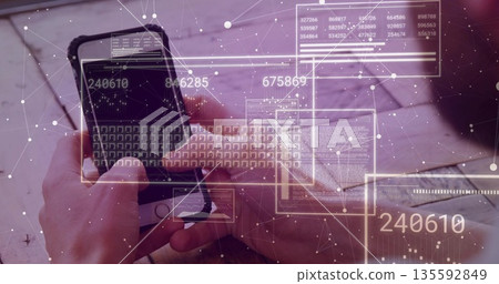 Holding smartphone above wood desk, striped-shirt forearms entering numeric code with network nodes 135592849