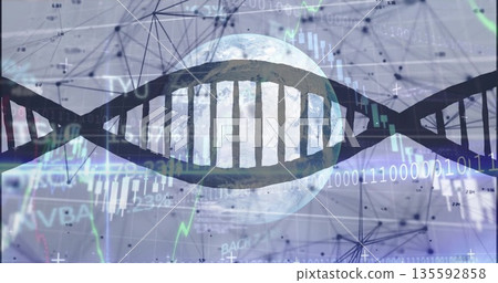 Displaying double helix hovering across data field, with globe, binary code, candlestick charts 135592858