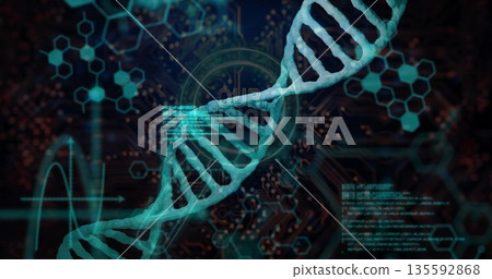 Spiraling turquoise DNA double helix crossing circuit board, with code snippets, molecular diagrams 135592868