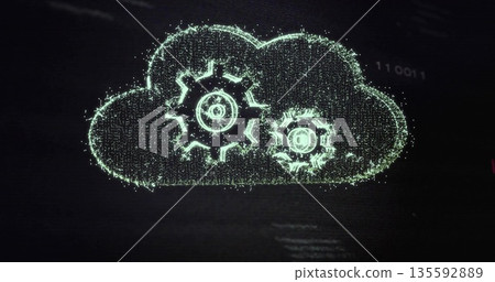 Floating glowing particle cloud icon hovering in virtual display, with gear symbols and binary code 135592889