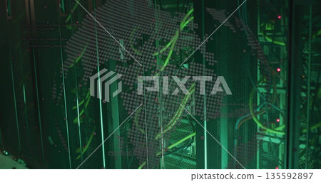 Highlighting black server racks showing green fiber and ethernet cables in data center, map overlay 135592897