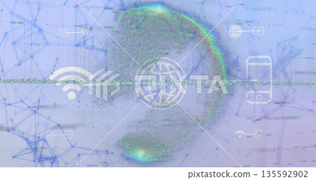 Visualizing central internet globe icon pulsing in network, with nodes, icons and glitch band Visualizing central internet globe icon pulsing in network, with nodes, icons and glitch band 135592902