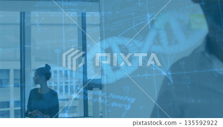 Scientist projecting holographic DNA helix in glass lab, data grid, city skyline, copy space Scientist projecting holographic DNA helix in glass lab, data grid, city skyline, copy space 135592922