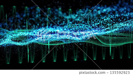 Displaying turquoise and blue dots undulating across dark virtual canvas, conveying flowing data Displaying turquoise and blue dots undulating across dark virtual canvas, conveying flowing data 135592923