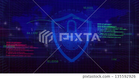 Displaying cybersecurity interface featuring shield fingerprint padlock motif, showing HUD overlays Displaying cybersecurity interface featuring shield fingerprint padlock motif, showing HUD overlays 135592926