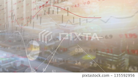Displaying financial data overlay over apron with vehicles, candlestick bars and red trend lines Displaying financial data overlay over apron with vehicles, candlestick bars and red trend lines 135592956