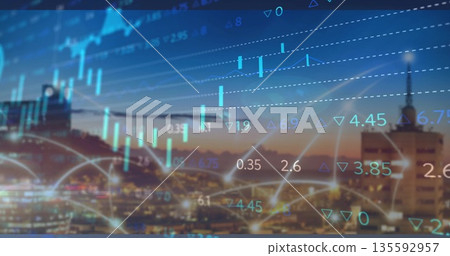 Displaying dusk city skyline at downtown vantage, with digital candlestick charts and network arcs 135592957