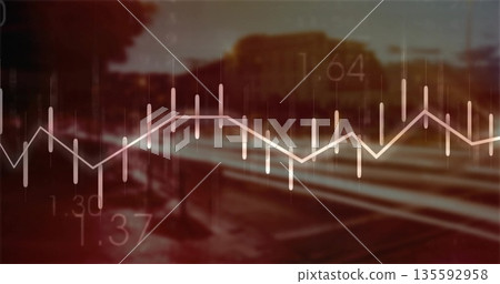 Overlaying financial chart over blurred street, with zebra crossing, guardrail, vehicles and trees Overlaying financial chart over blurred street, with zebra crossing, guardrail, vehicles and trees 135592958