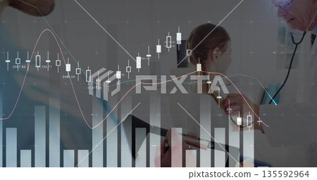 Examining patient with braided hair in exam room with stethoscope and financial chart overlay Examining patient with braided hair in exam room with stethoscope and financial chart overlay 135592964