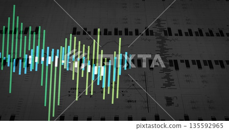 Displaying colored bars forming waveform on grid background, with line traces and numeric labels Displaying colored bars forming waveform on grid background, with line traces and numeric labels 135592965