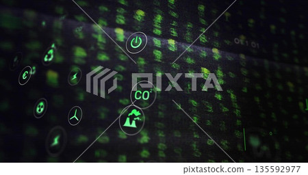 Floating cluster of green circular icons drifting across computer dashboard, showing energy data Floating cluster of green circular icons drifting across computer dashboard, showing energy data 135592977