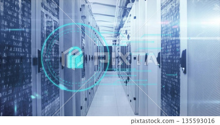 Displaying central data center corridor showing holographic lock icon, with server racks and cables 135593016