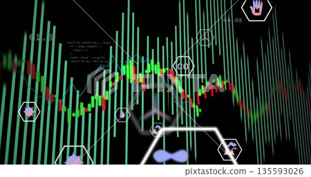 Data dashboard displaying bar chart in interface, with candlestick markers, code snippet, hex icons 135593026