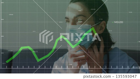Adjusting mask strap woman in blue scrubs at data grid, with stethoscope, green chart, copy space Adjusting mask strap woman in blue scrubs at data grid, with stethoscope, green chart, copy space 135593047