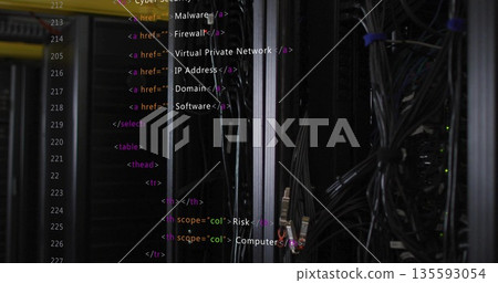 Displaying server rack hosting cables, RJ45 connectors in data center with HTML overlay, LED lights 135593054