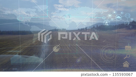 Displaying plowed field bisected by dirt track at forest edge, with HUD overlays, network elements Displaying plowed field bisected by dirt track at forest edge, with HUD overlays, network elements 135593067