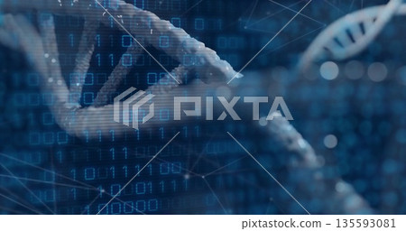 Rotating 3D DNA helix floating in molecular network, with binary overlay, glowing nodes, bokeh orbs 135593081