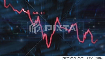 Displaying red fluctuating line graph dancing across trading interface, with numeric label 64 Displaying red fluctuating line graph dancing across trading interface, with numeric label 64 135593082