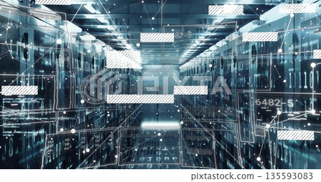 Displaying server racks lining data center corridor, with LED panels, network cables and overlays Displaying server racks lining data center corridor, with LED panels, network cables and overlays 135593083