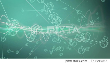 Displaying network connections on teal gradient background, with circular nodes and waveforms Displaying network connections on teal gradient background, with circular nodes and waveforms 135593086
