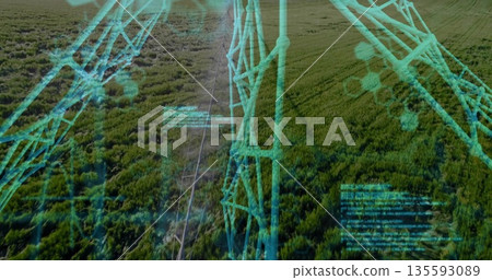 Overlaying data graphics across HV tower and power lines over cropland, with hex pattern, code 135593089